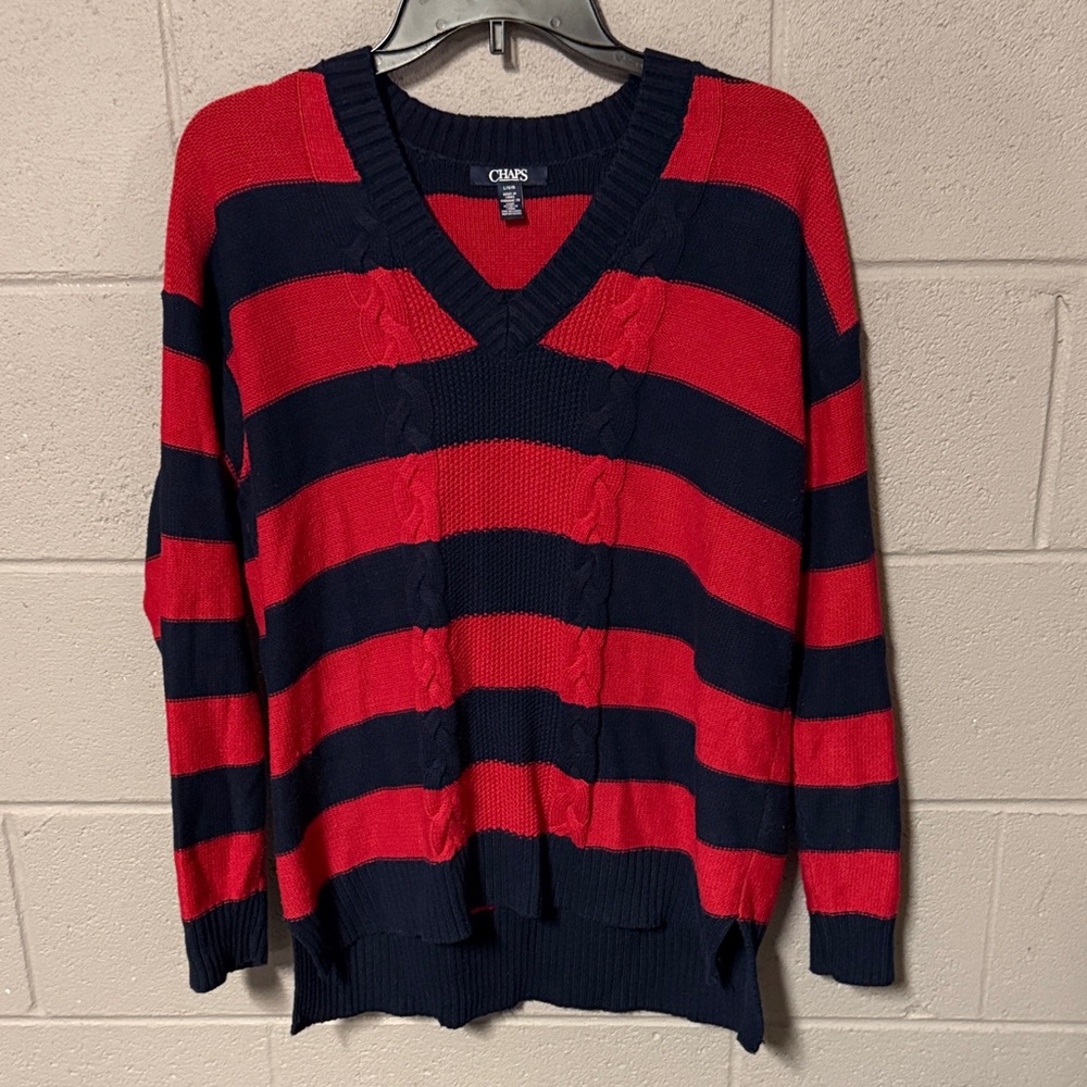 Chaps Women's Red and Navy Blue V-Neck Striped Sweater